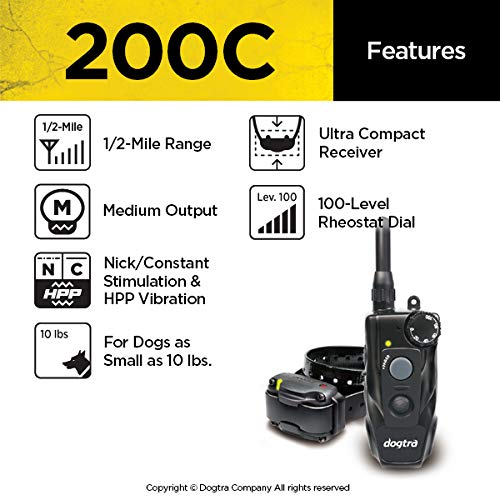 Dogtra 200C Remote Training E-Collar - 1/2 Mile Range - Static, Vibration, Low-Medium Output, Adjustable Levels, Waterproof, Ele